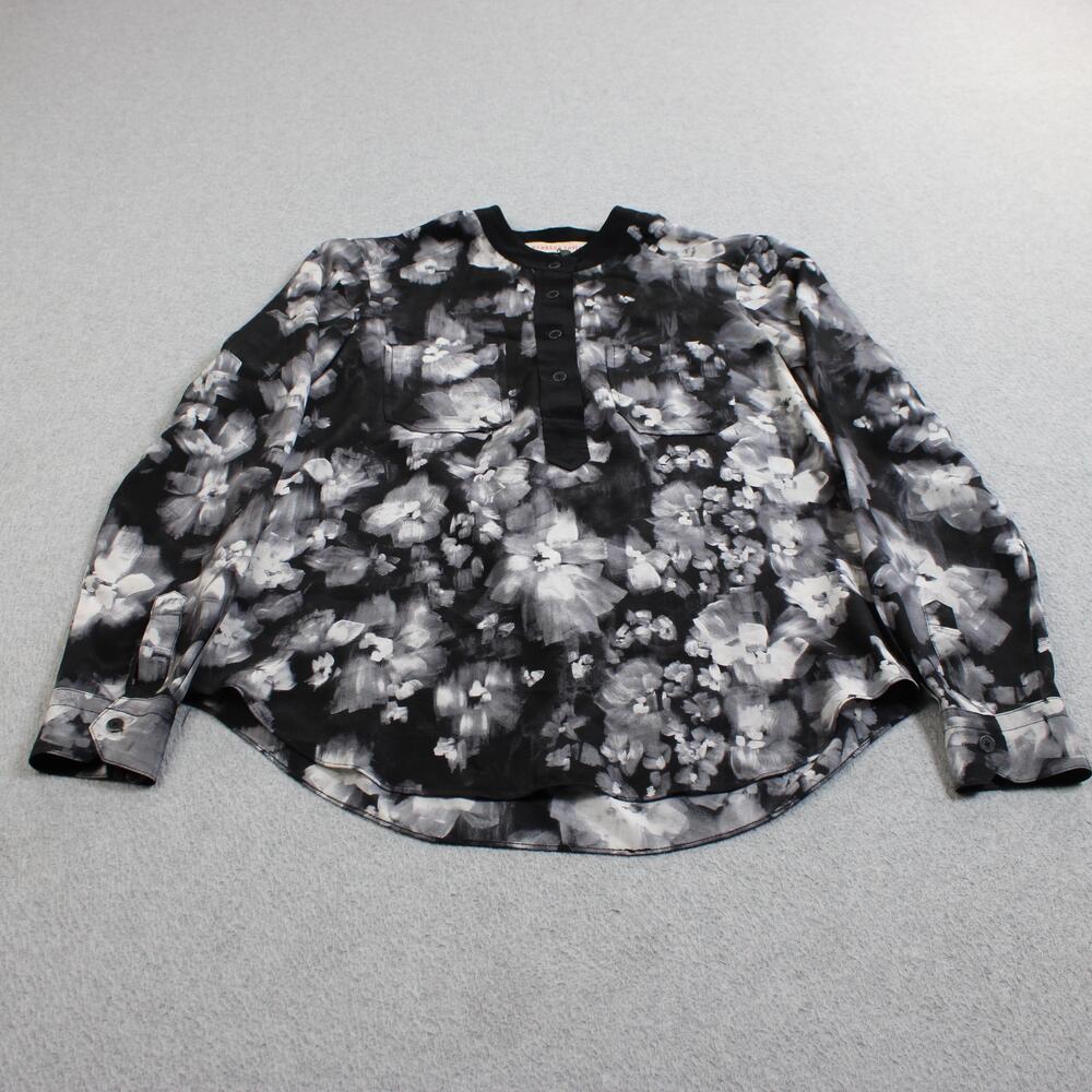 Rebecca Taylor Silk Shirt Women 0 Black Floral Henley Button Blouse Long Sleeve